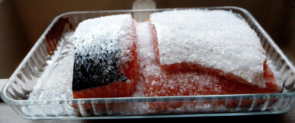 Frozen salmon packed under ice